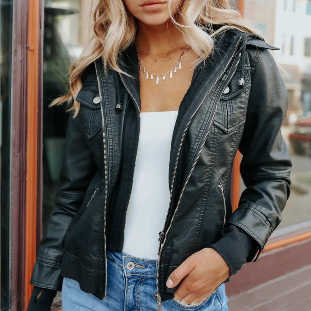 HOODED VEGAN LEATHER BLACK JACKET 🖤